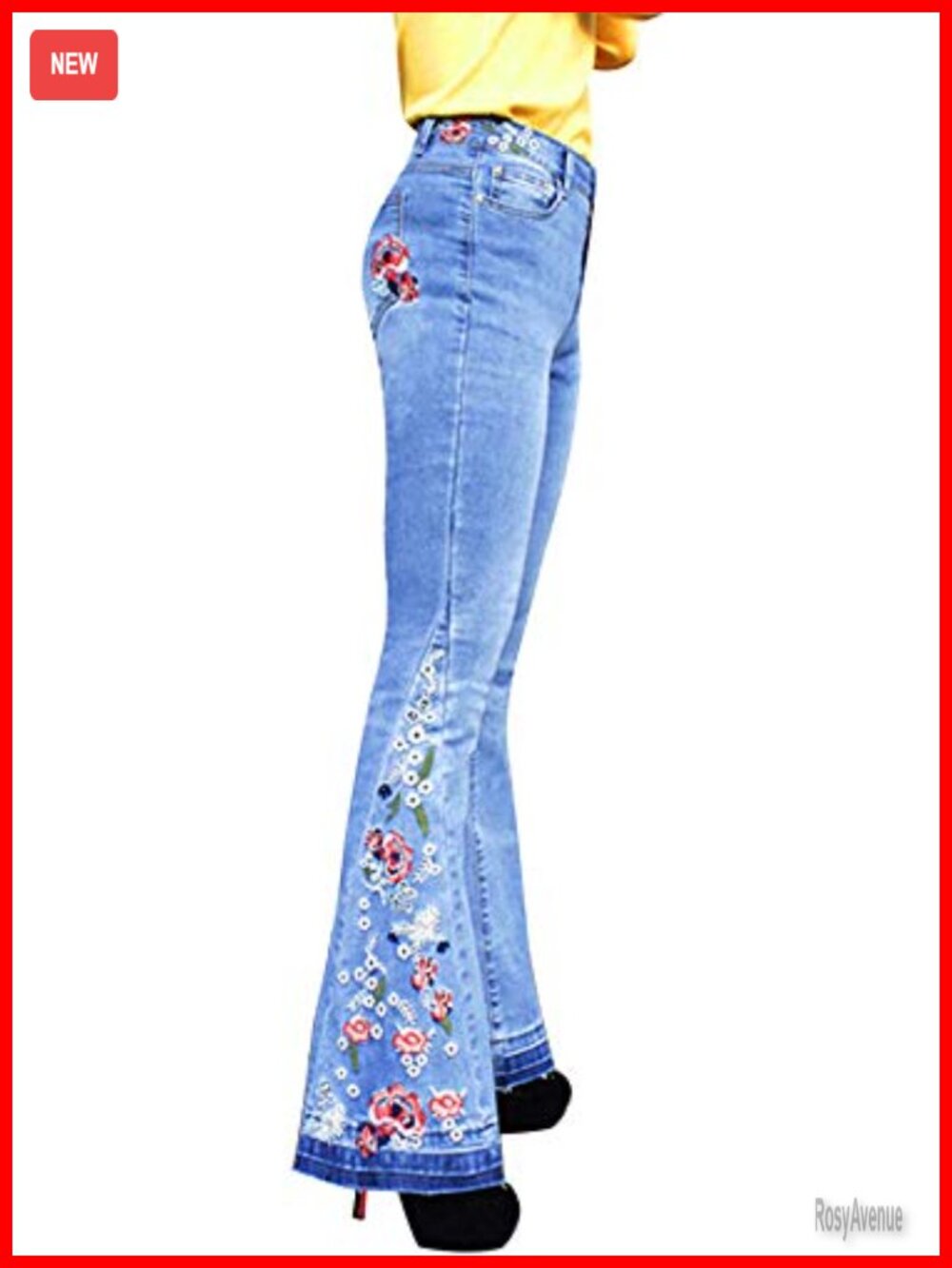 Floral Embroidered Bell Bottom Jeans High Waist Flared Denim Pants